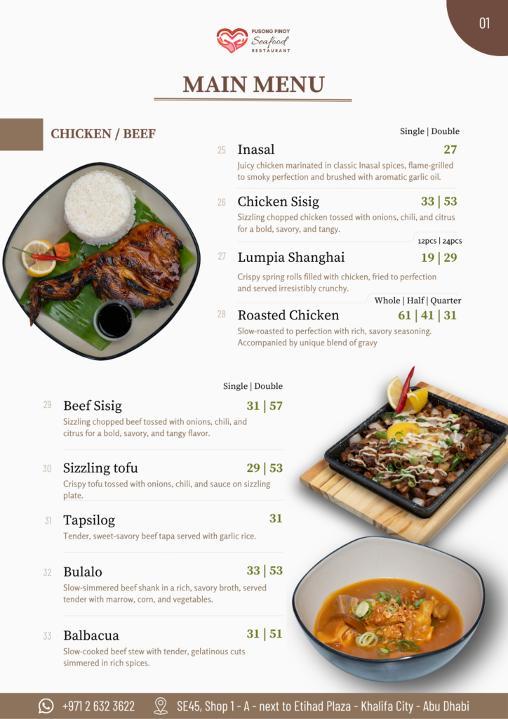 Filipino chicken and beef menu featuring Inasal grilled chicken, chicken sisig, beef sisig, bulalo, balbacua, and roasted chicken with rice at Pusong Pinoy Seafood Restaurant Abu Dhabi