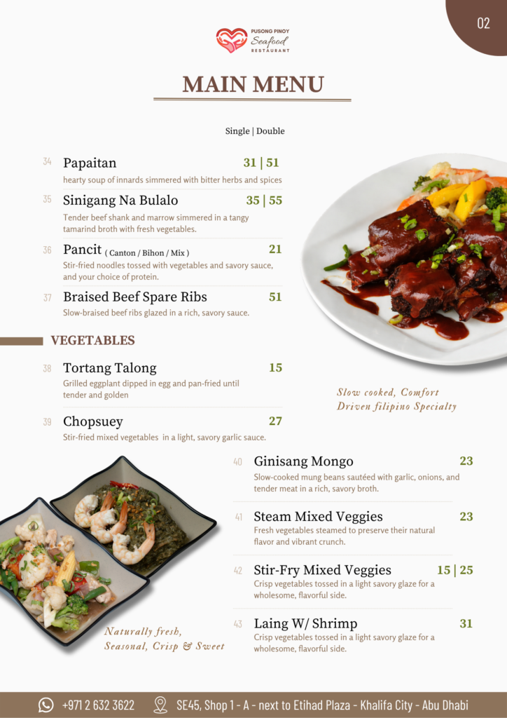 Filipino main dishes and vegetable menu including papaitan, sinigang na bulalo, pancit, beef ribs, tortang talong, chopseuy, and laing with shrimp at Pusong Pinoy Seafood Restaurant Abu Dhabi
