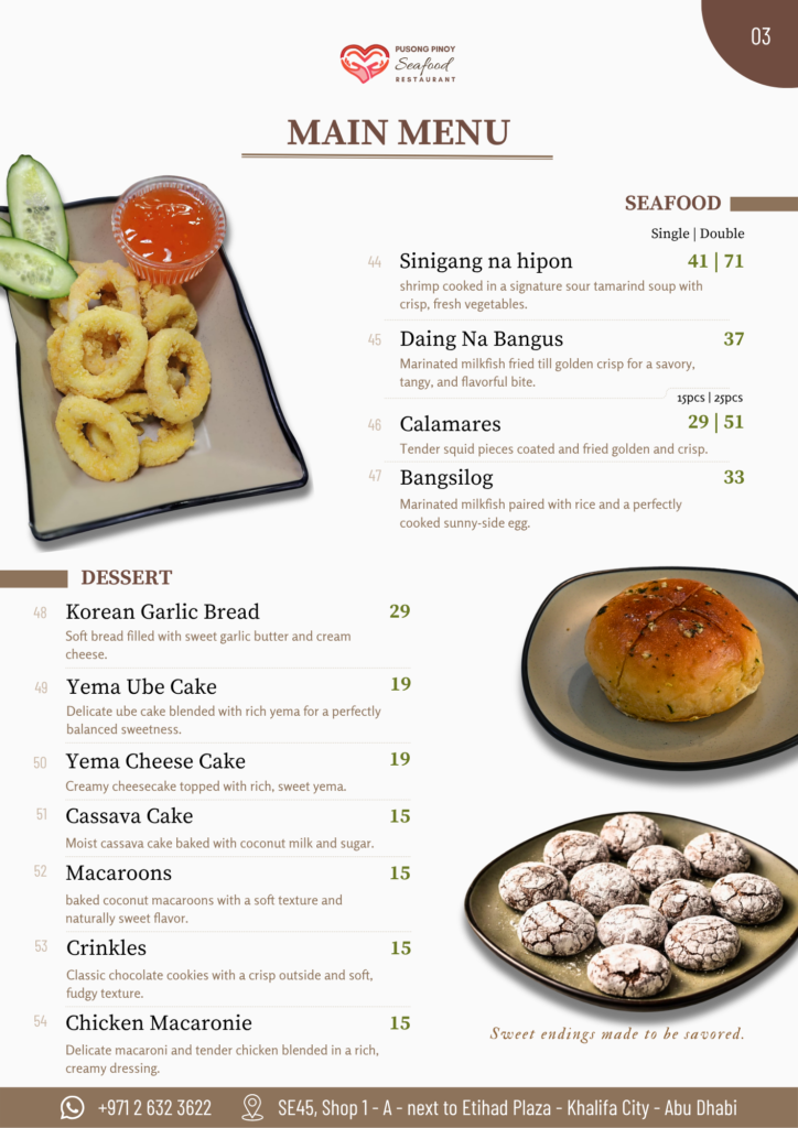Filipino seafood and dessert menu with sinigang na hipon, daing na bangus, calamares, Korean garlic bread, ube cake, cassava cake, and crinkles at Pusong Pinoy Seafood Restaurant